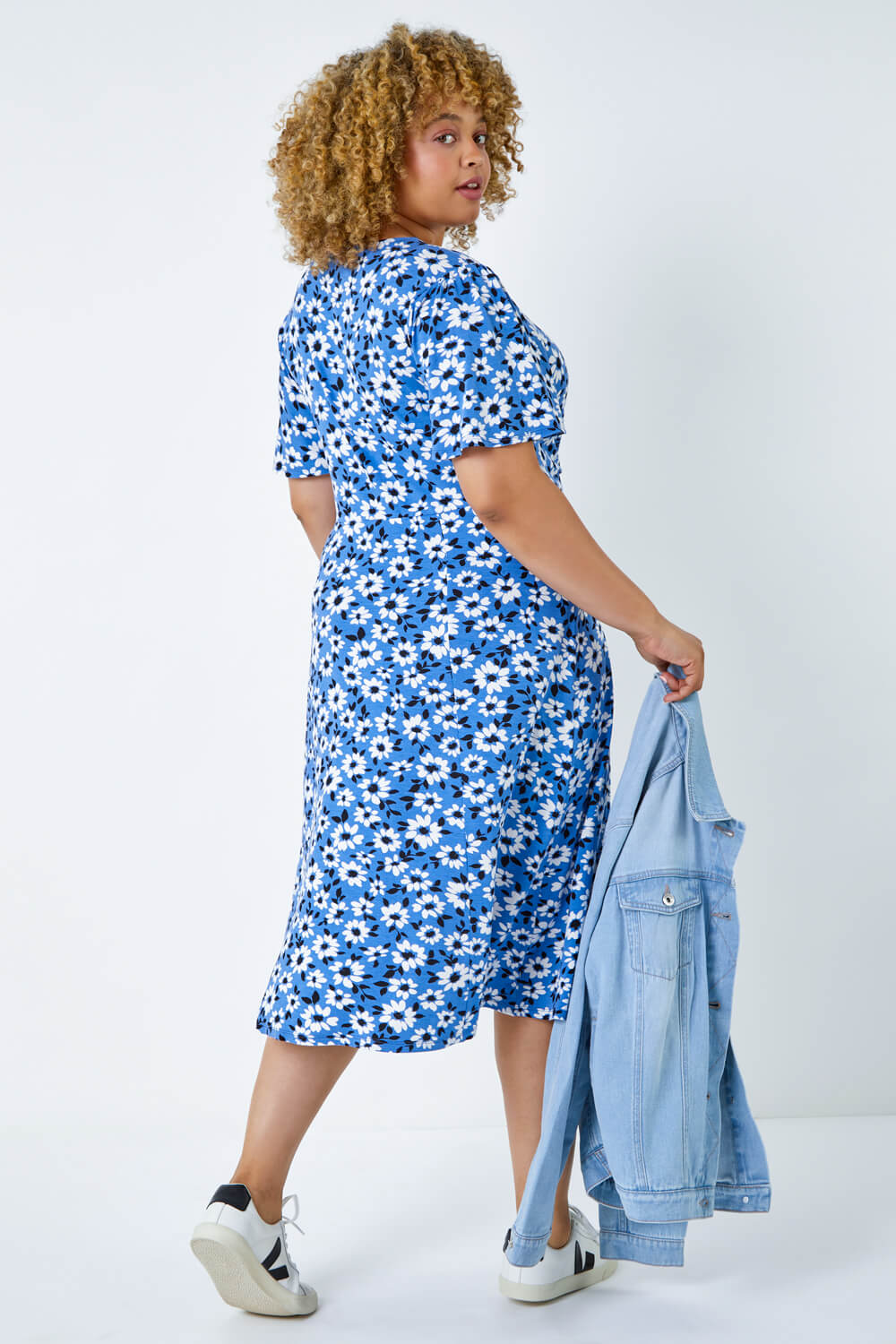 Blue Curve Floral Print Midi Wrap Dress , Image 3 of 5