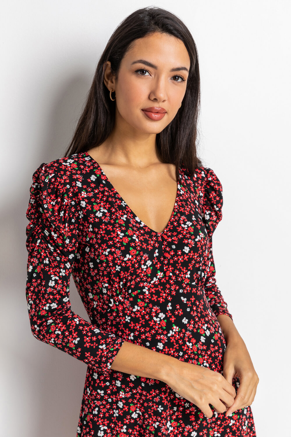 Red Ditsy Floral Fit & Flare Dress, Image 5 of 5