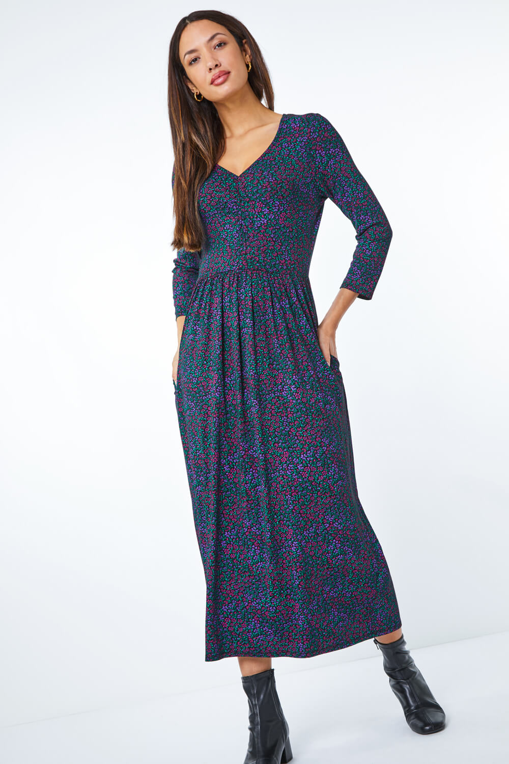 Purple Ditsy Floral Print Maxi Dress , Image 2 of 5