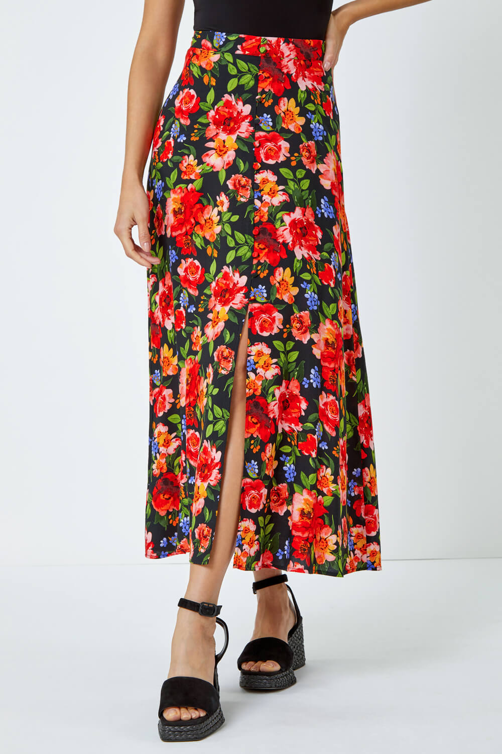 Red Floral Print Button Detail Maxi Skirt, Image 5 of 5