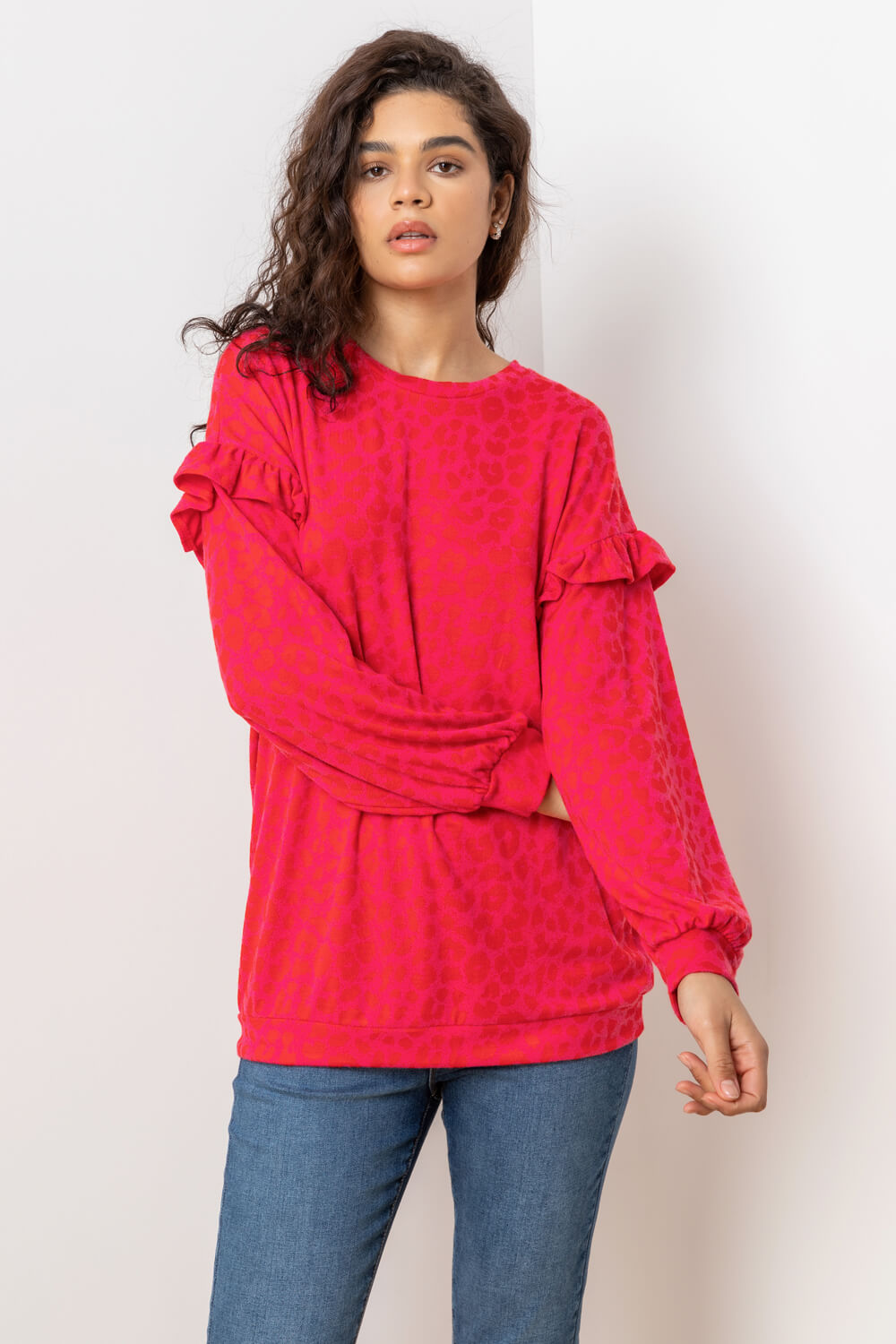 Animal Jacquard Frill Sleeve Sweatshirt in Pink - Roman Originals UK