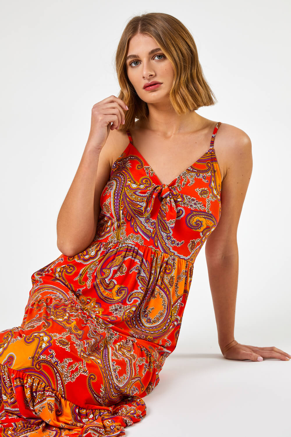 Red Paisley Print Tiered Maxi Dress, Image 5 of 5