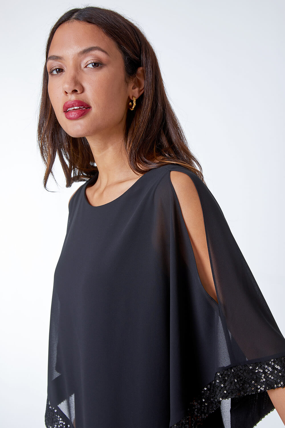 Black Sequin Trim Asymmetric Chiffon Overlay Dress, Image 4 of 5