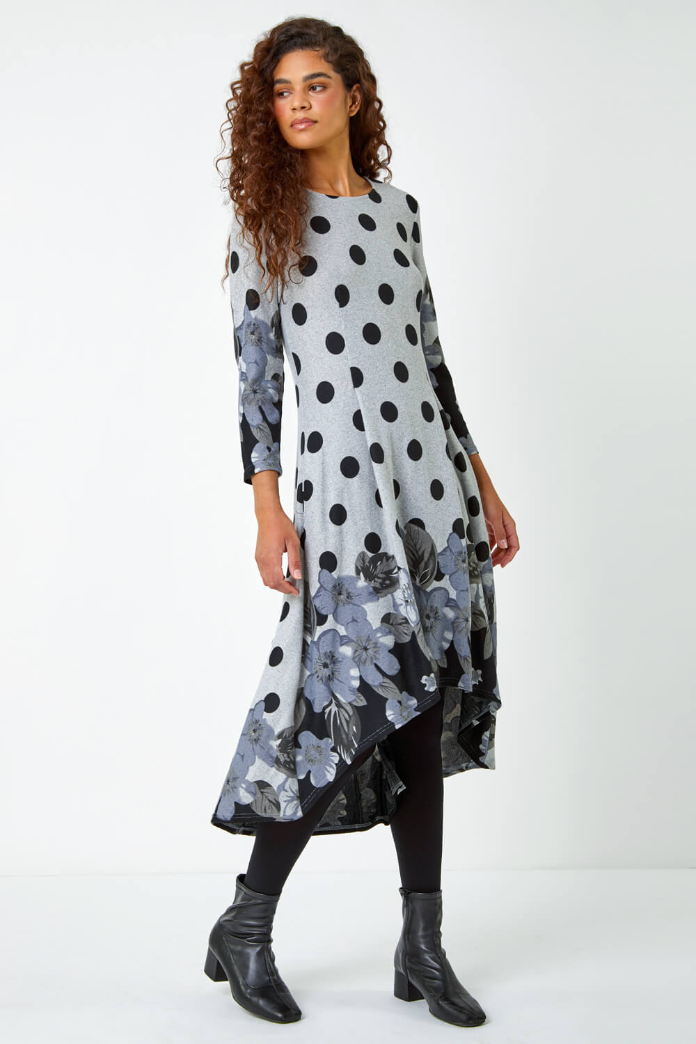 Grey Floral Spot Border Print Stretch Dress, Image 2 of 5