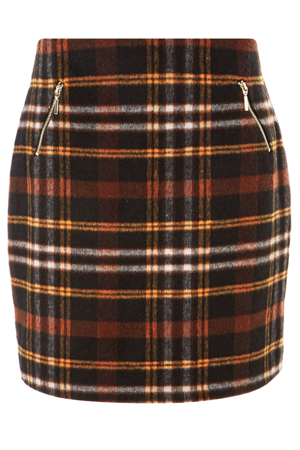 Checked Zip Detail Brushed Skirt in Tan - Roman Originals UK