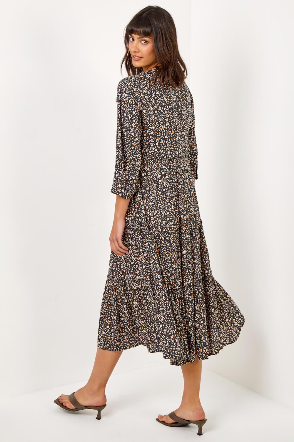 Black Ditsy Floral Tiered Midi Dress, Image 2 of 5
