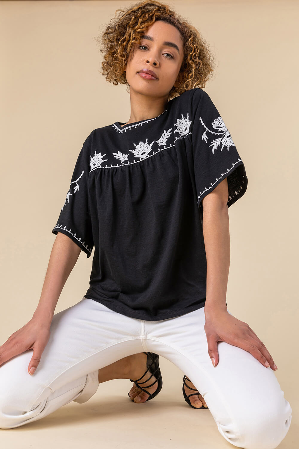 Black Embroidered Yoke T-Shirt, Image 5 of 5
