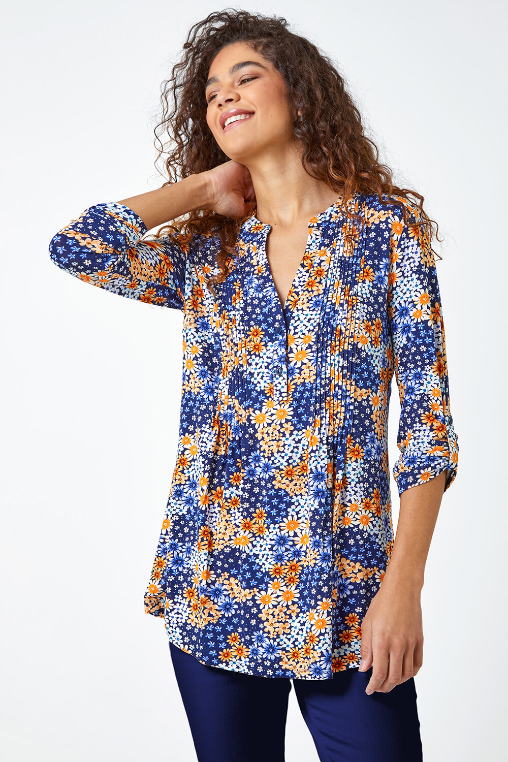 Ditsy Floral Pintuck 3/4 Sleeve Jersey Shirt in Orange - Roman Originals UK