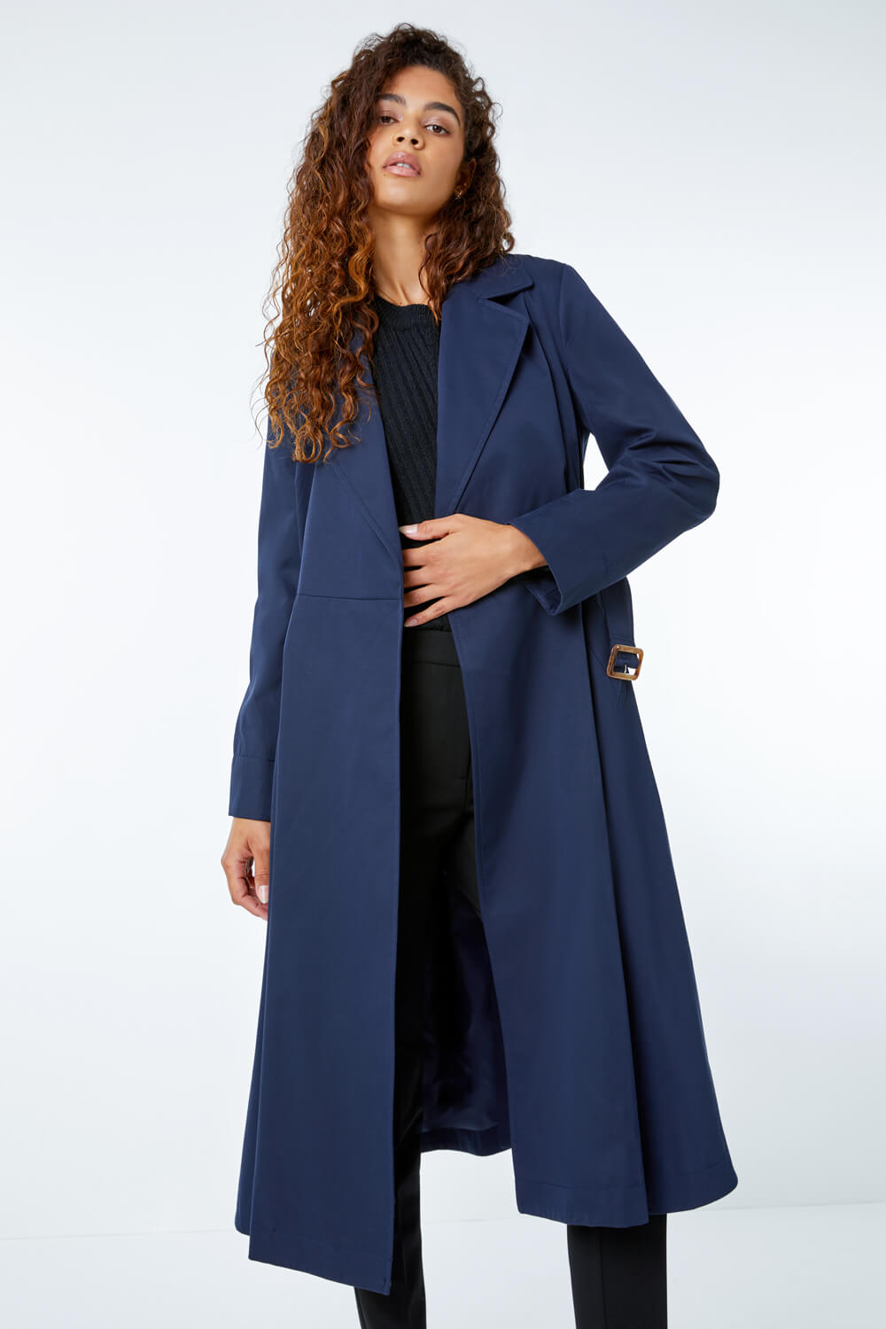 Longline Belted Trench Coat in Navy - Roman Originals UK