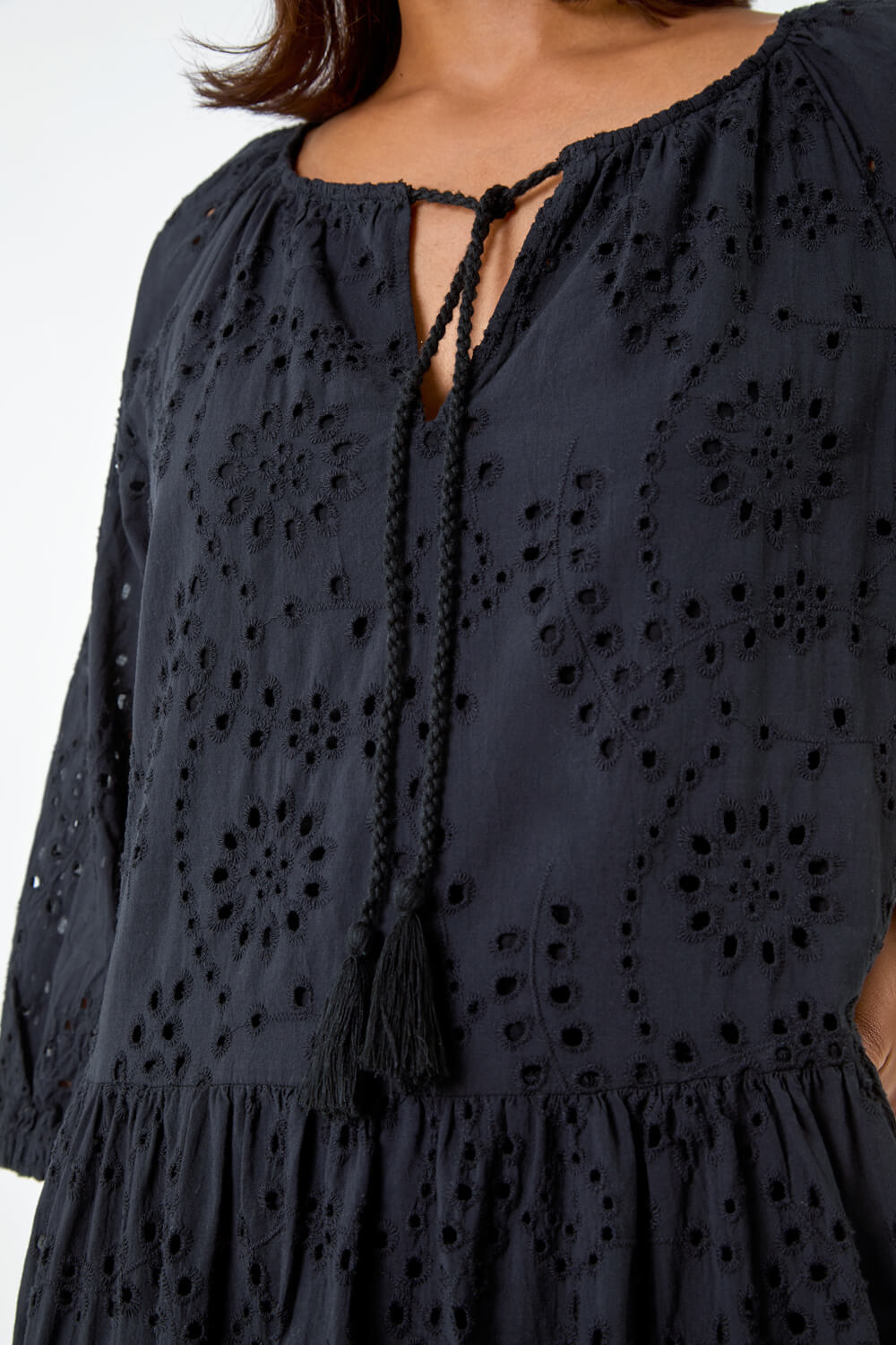 Black Cotton Broderie Tiered Smock Dress, Image 5 of 5