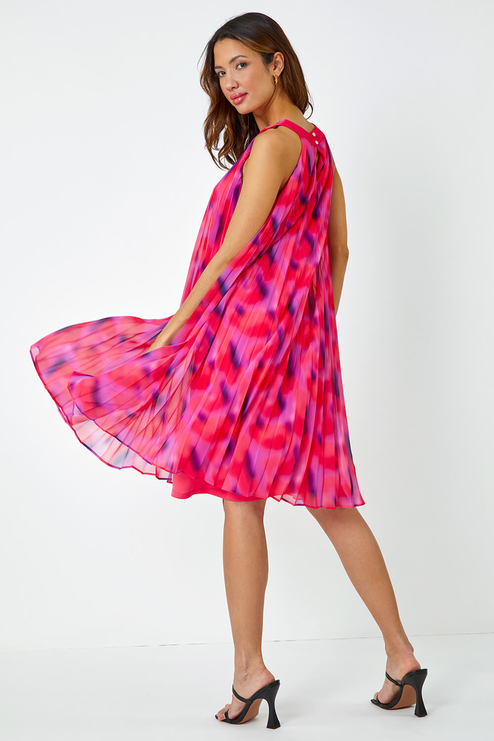 CERISE High Neck Abstract Pleated Swing Dress, Image 3 of 5