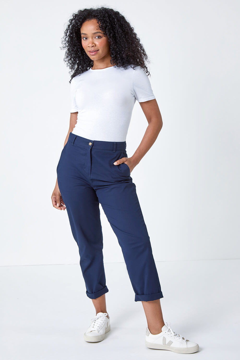 Navy  Petite Cotton Blend Stretch Chino Trousers, Image 2 of 5