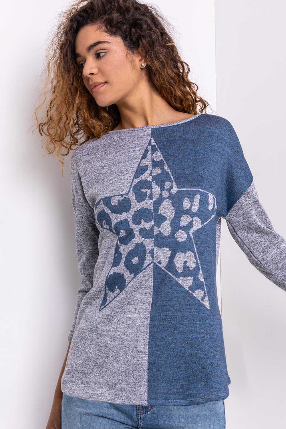 Blue Contrast Animal Print Soft Knit Jersey Top, Image 5 of 5