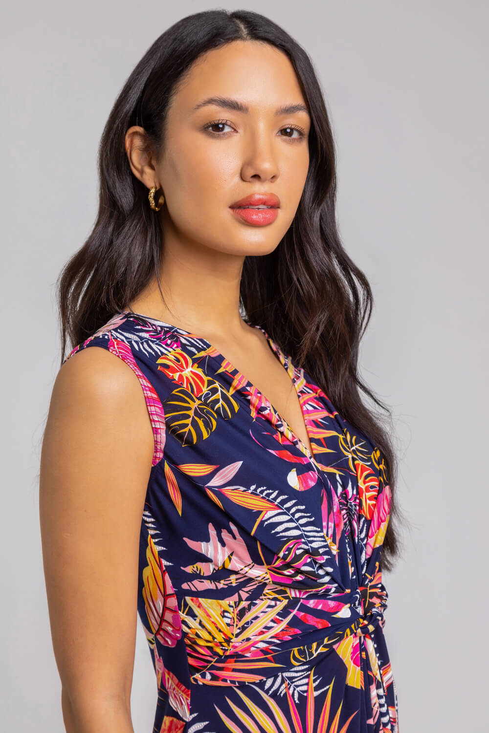 Navy  Tropical Twist Stretch Ruched Maxi Dress, Image 3 of 4