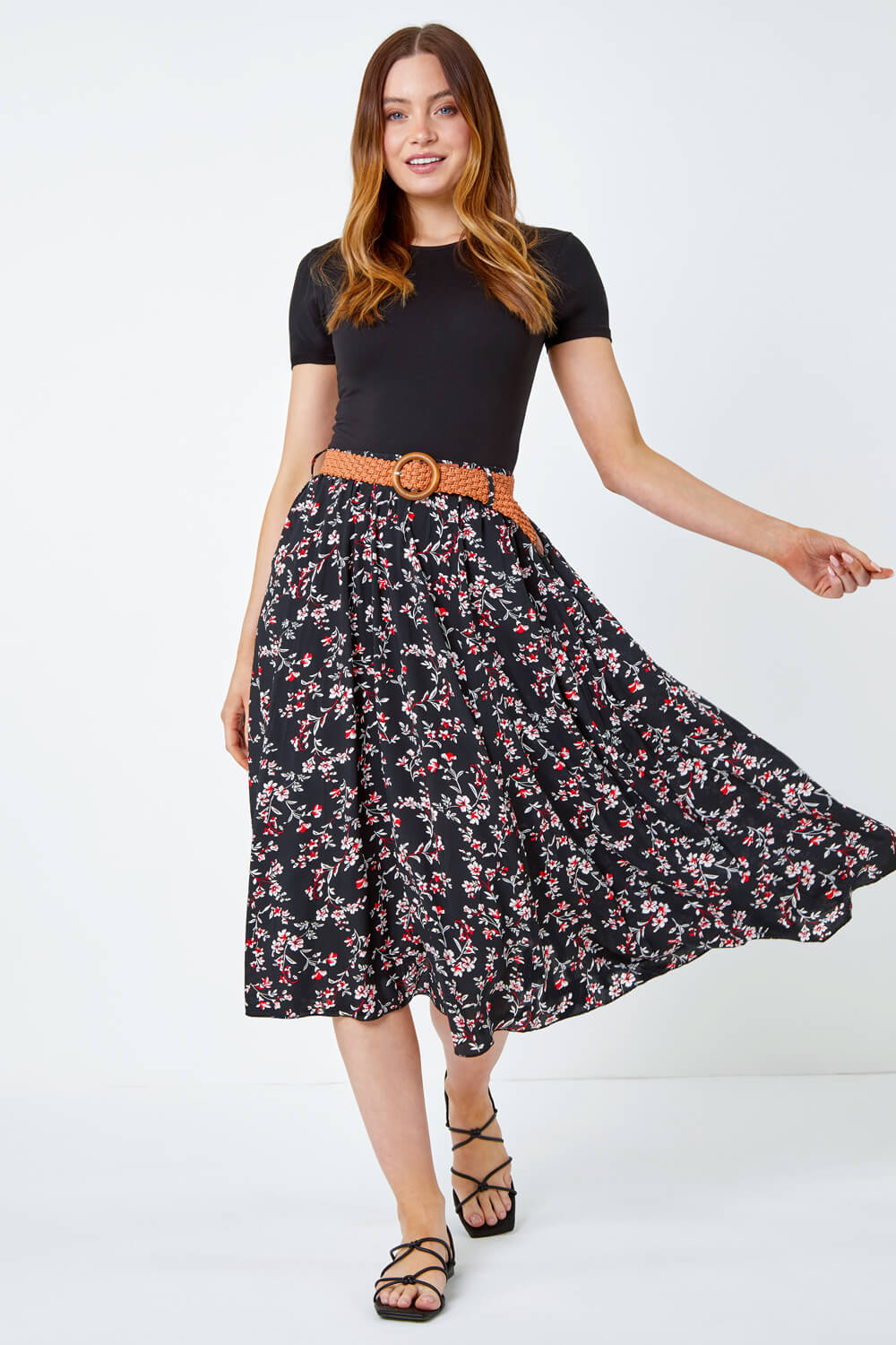 Black Floral Print Belted Midi Skirt, Image 2 of 5
