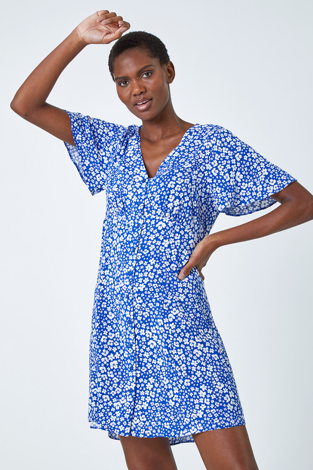 Blue Ditsy Floral Print Button Dress | Roman UK