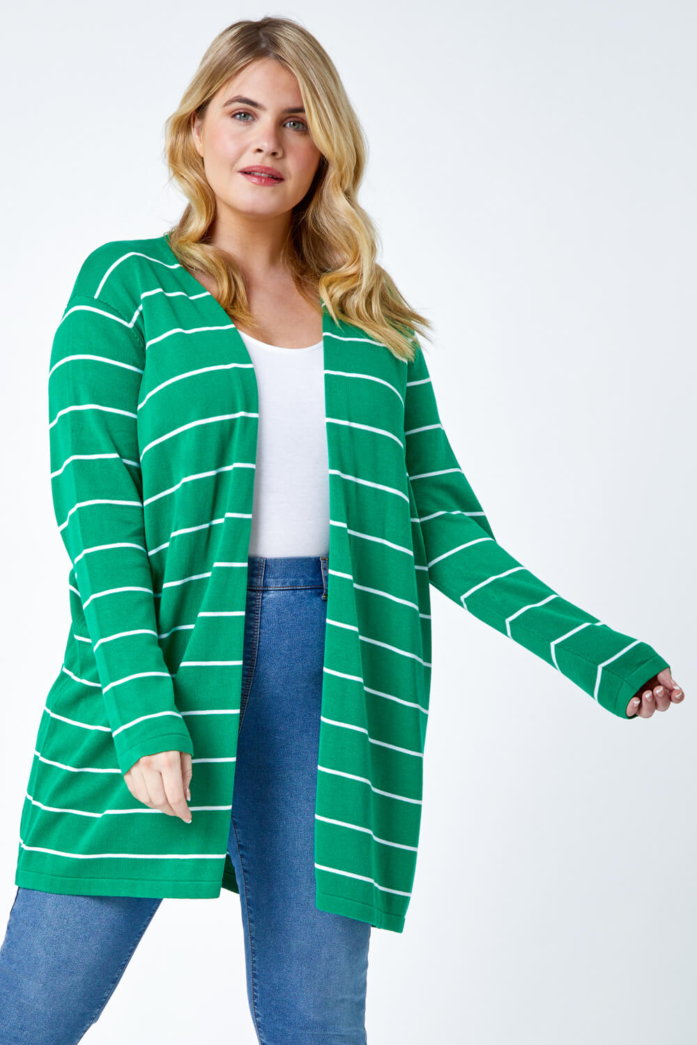 Green Curve Stripe Cotton Blend Longline Cardigan, Image 2 of 5