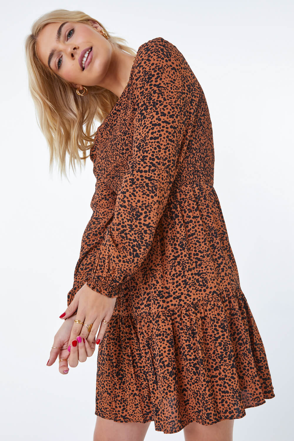 Camel  Animal Print Stretch Tiered Dress, Image 2 of 5