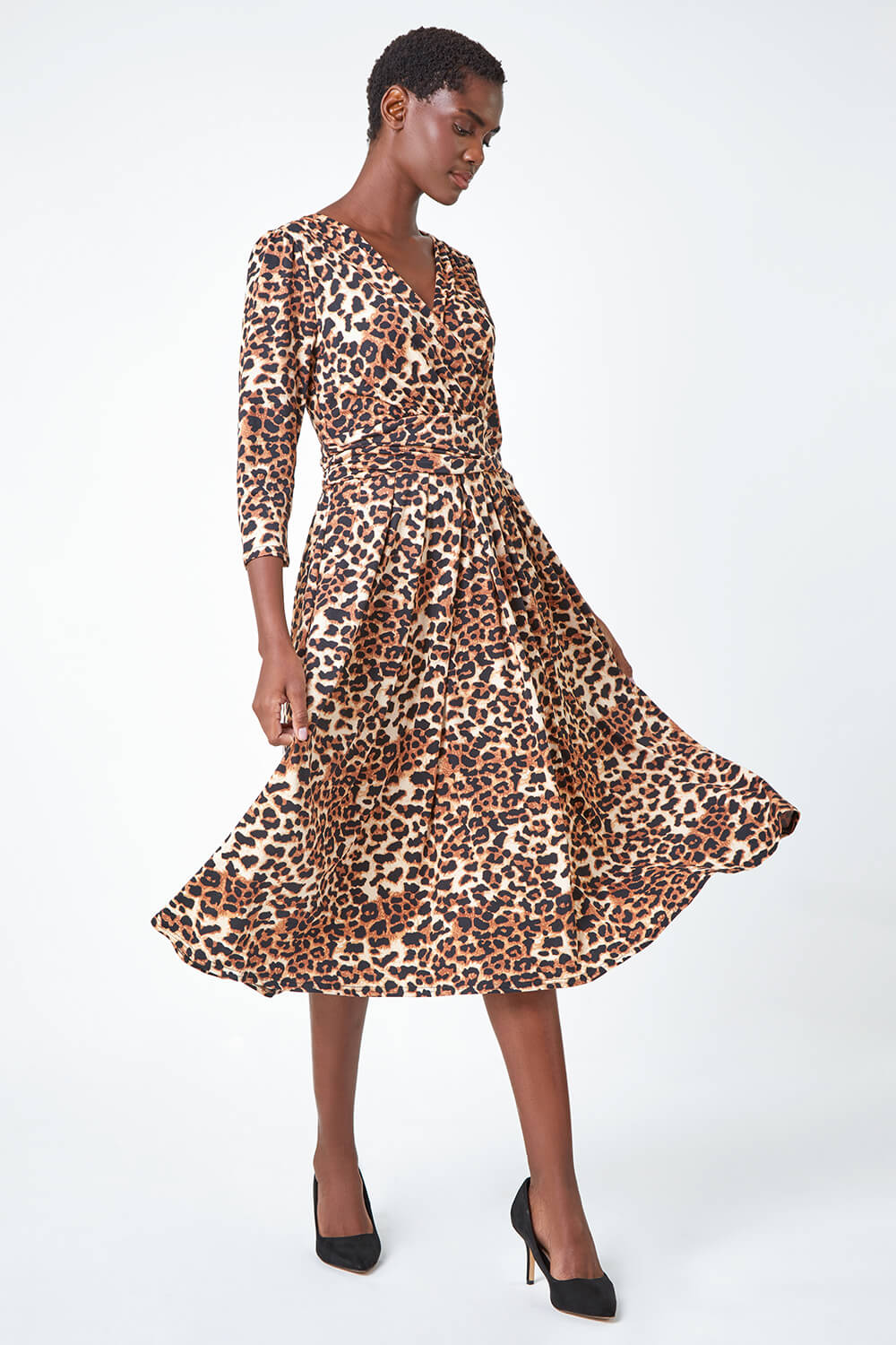 Leopard Print Mock Wrap Midi Stretch Dress