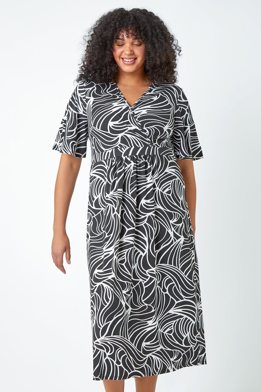 Black Curve Linear Print Midi Wrap Dress, Image 2 of 5