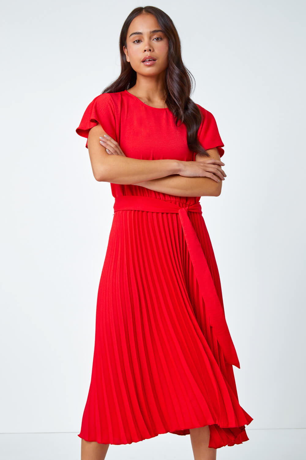Red Petite Plain Pleated Skirt Midi Dress, Image 2 of 5