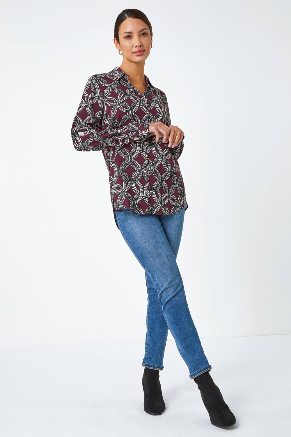 Plum Geometric Print Button Blouse | Roman UK