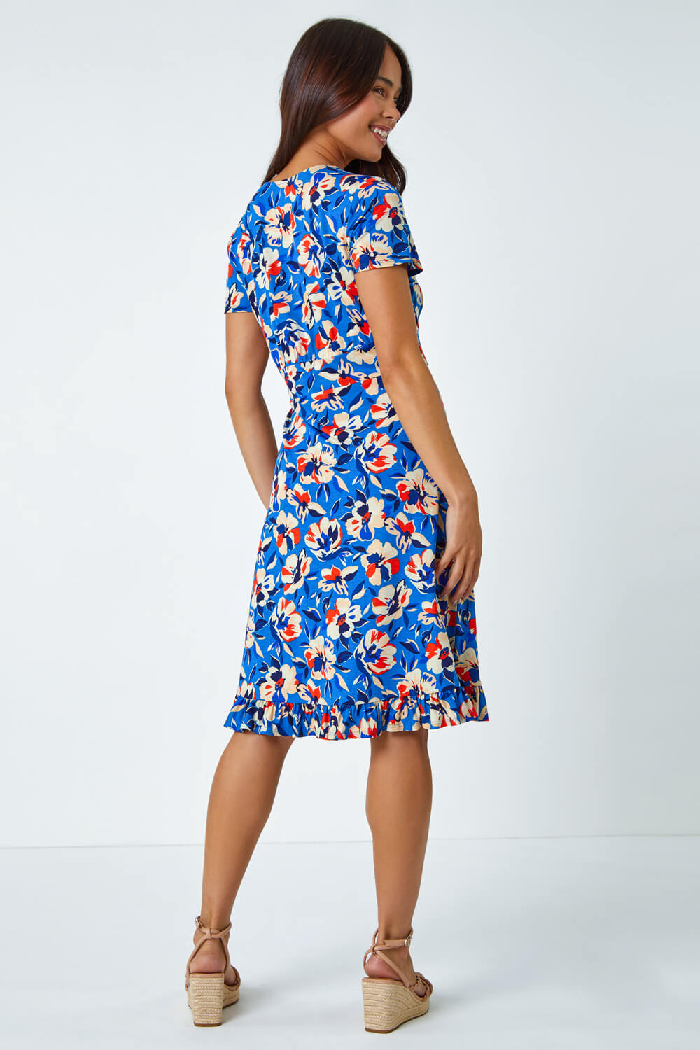 Turquoise Petite Floral Frill Hem Stretch Dress, Image 3 of 5