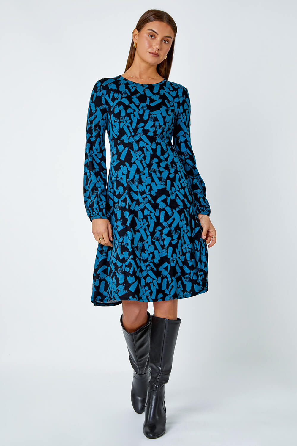 Blue Abstract Print Swing Stretch Dress, Image 2 of 5