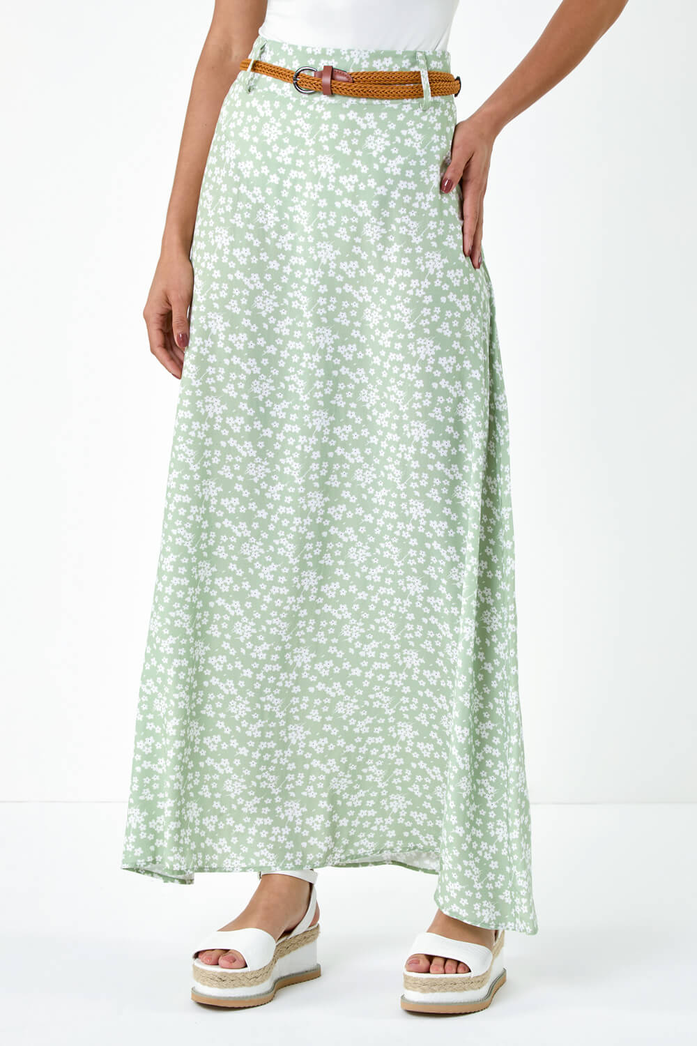 Sage Ditsy Floral Belted Maxi Skirt, Image 4 of 5