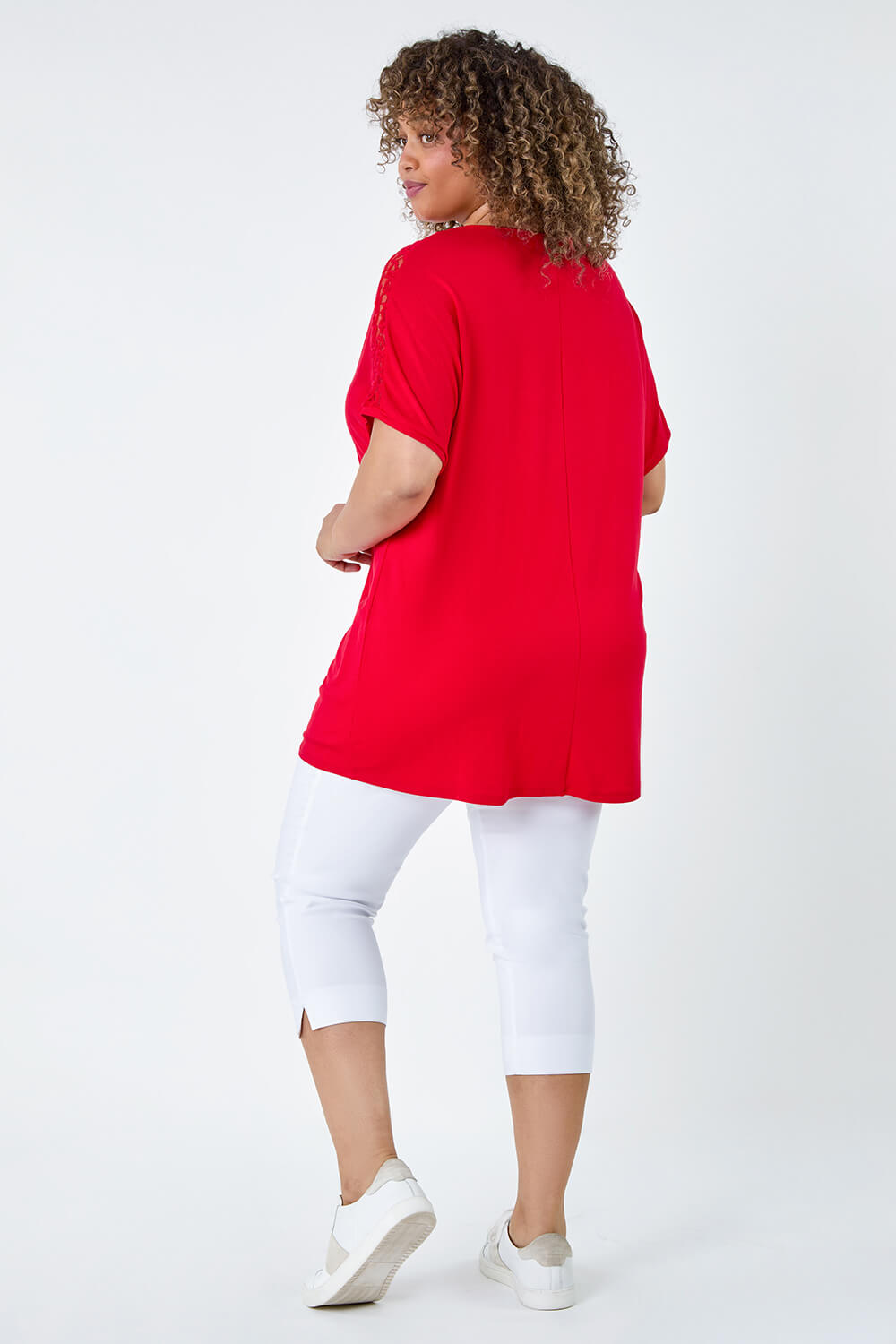 Red Curve Lace Shoulder Stretch Jersey T-Shirt, Image 3 of 5