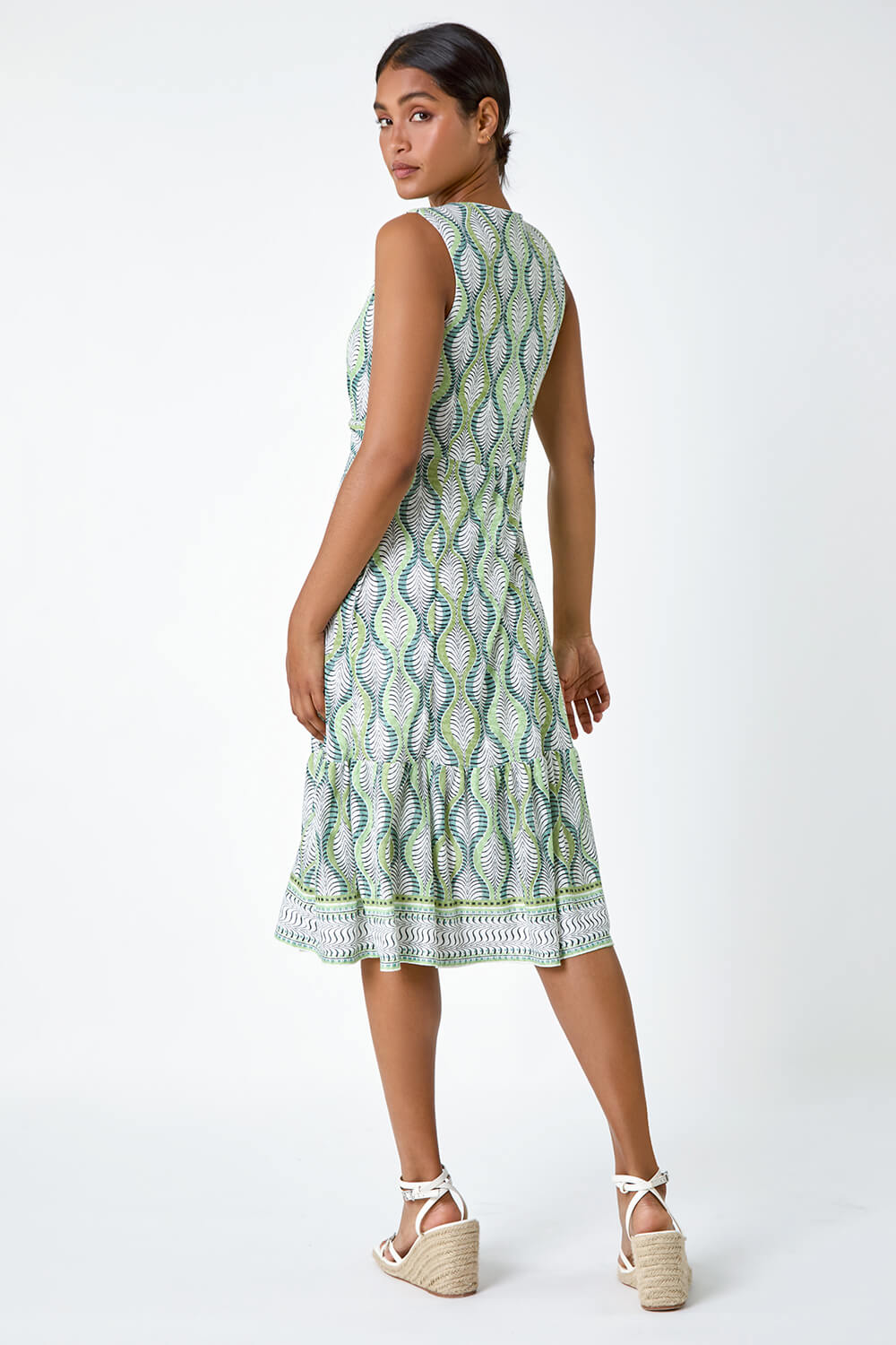Green Twist Front Leaf Print Stretch Dress, Image 3 of 5