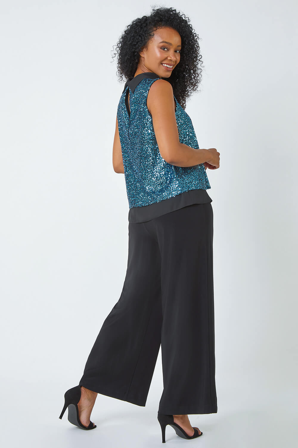 Blue Petite Sequin Roll Neck Top, Image 3 of 5