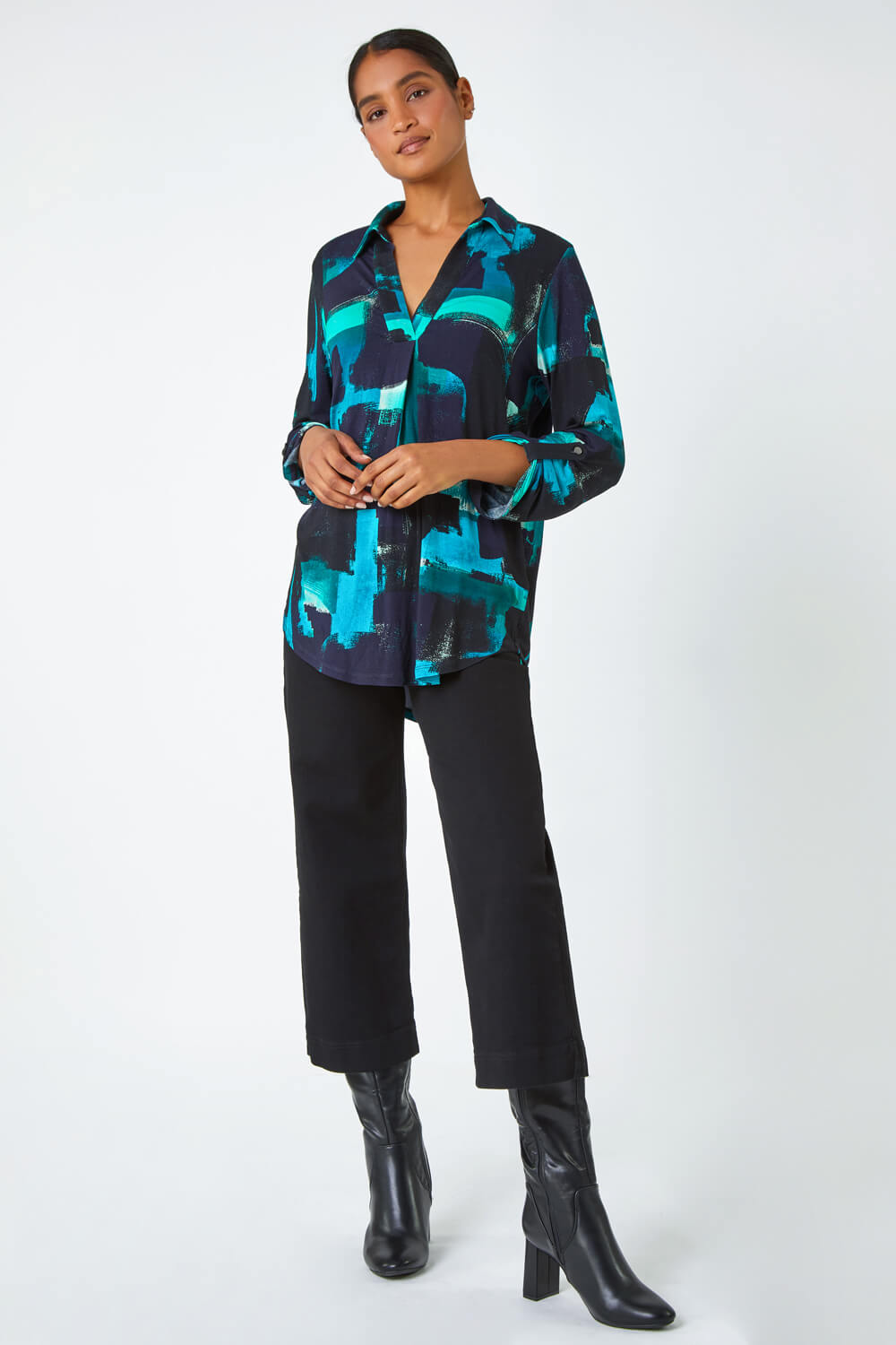 Turquoise Abstract Print Stretch Shirt Top , Image 2 of 5