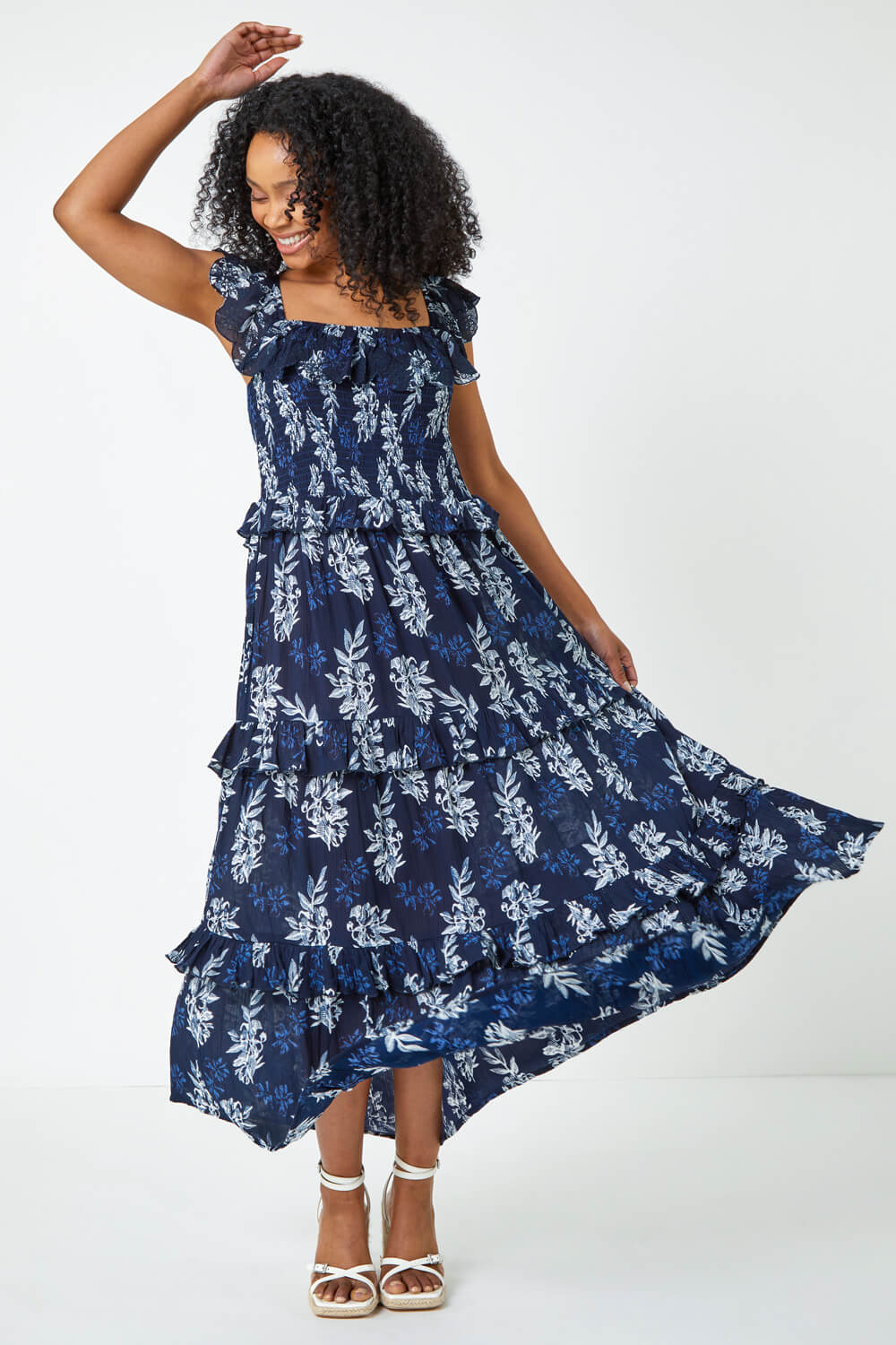 Navy  Petite Floral Print Tiered Maxi Dress, Image 2 of 5