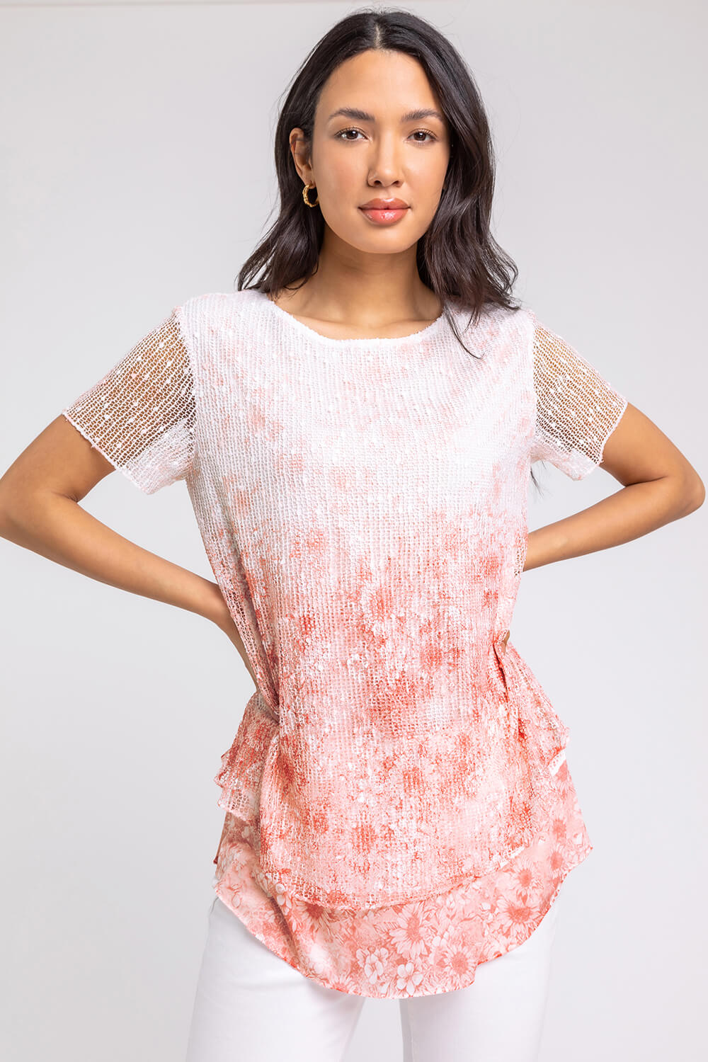 Sequin Mesh Overlay Floral Stretch Top