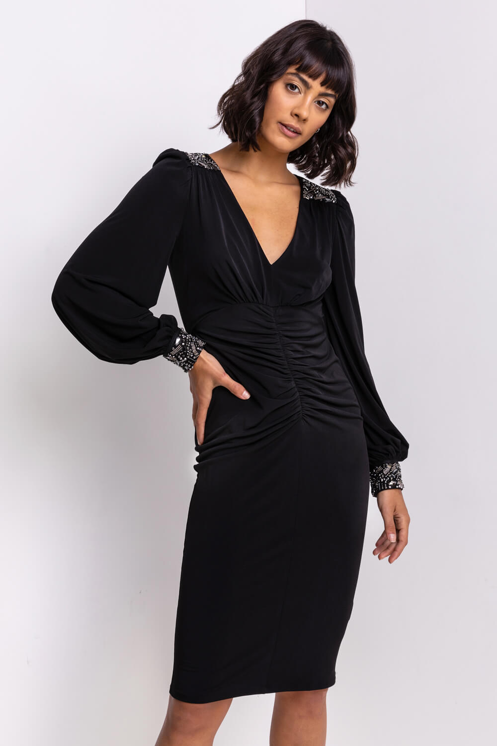 Black Sparkle Embellished Ruched Dress, Image 5 of 6