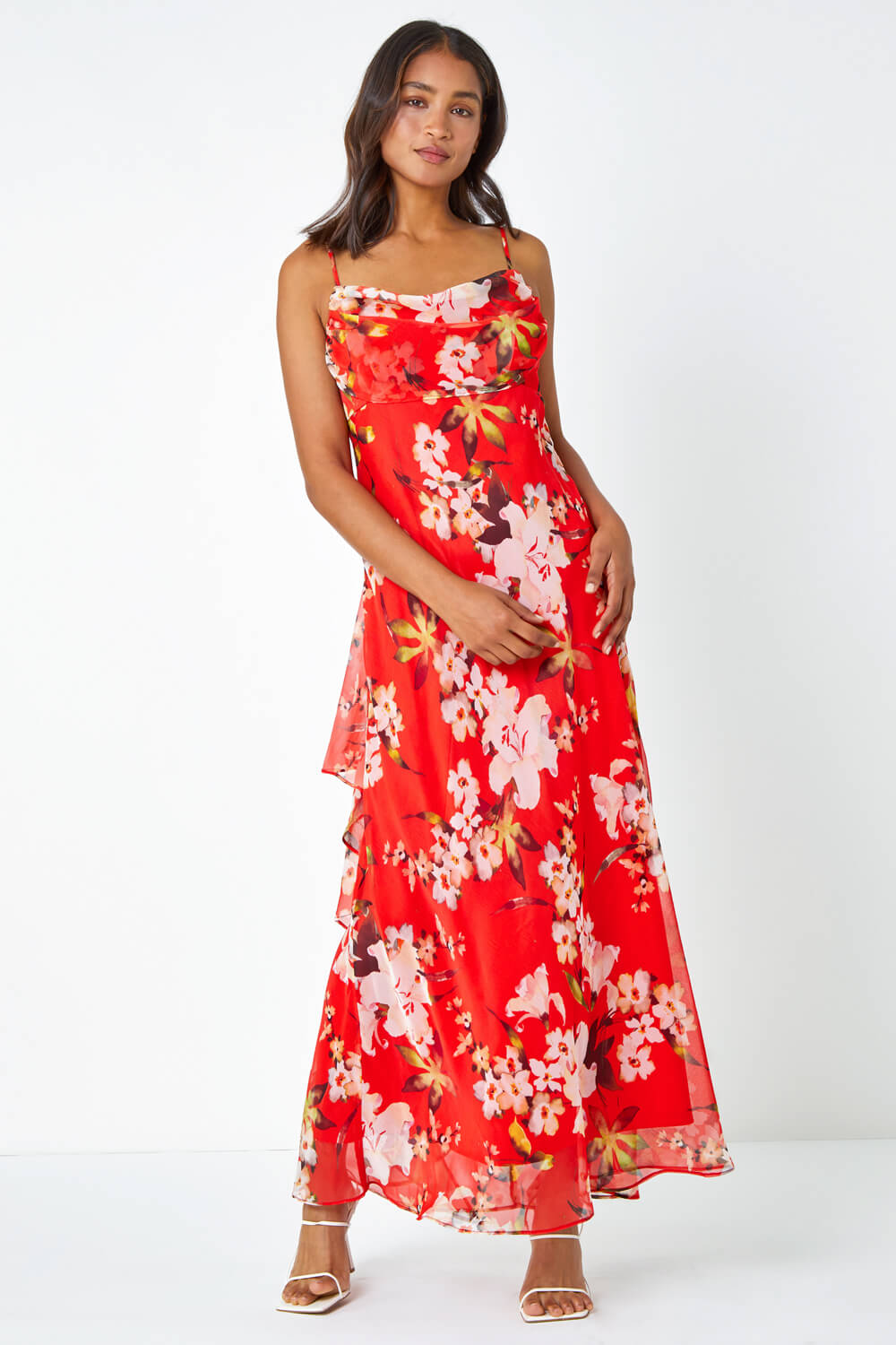 Red Floral Cowl Neck Chiffon Dress, Image 2 of 6
