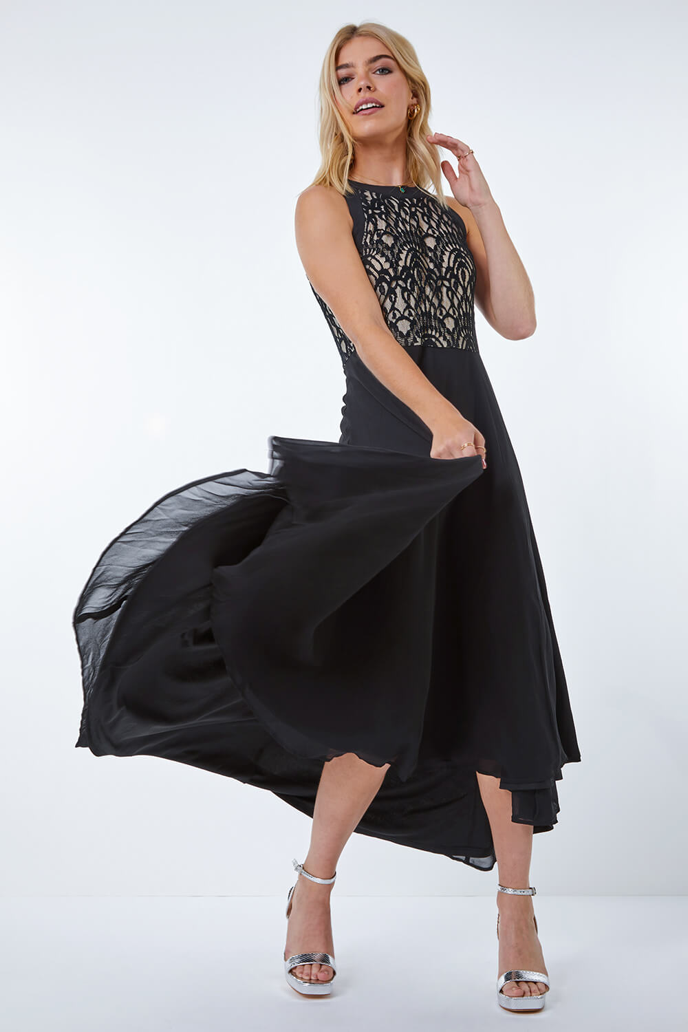 Black Lace Bodice Halter Neck Dress, Image 4 of 5