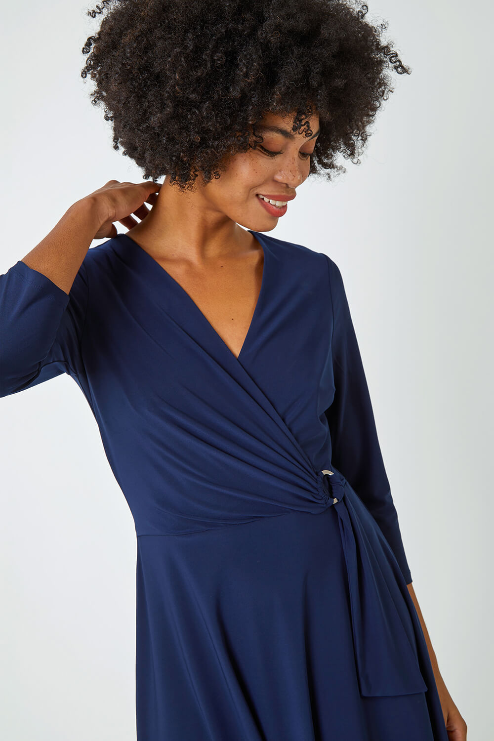 Navy  Ring Buckle Wrap Stretch Dress, Image 4 of 5
