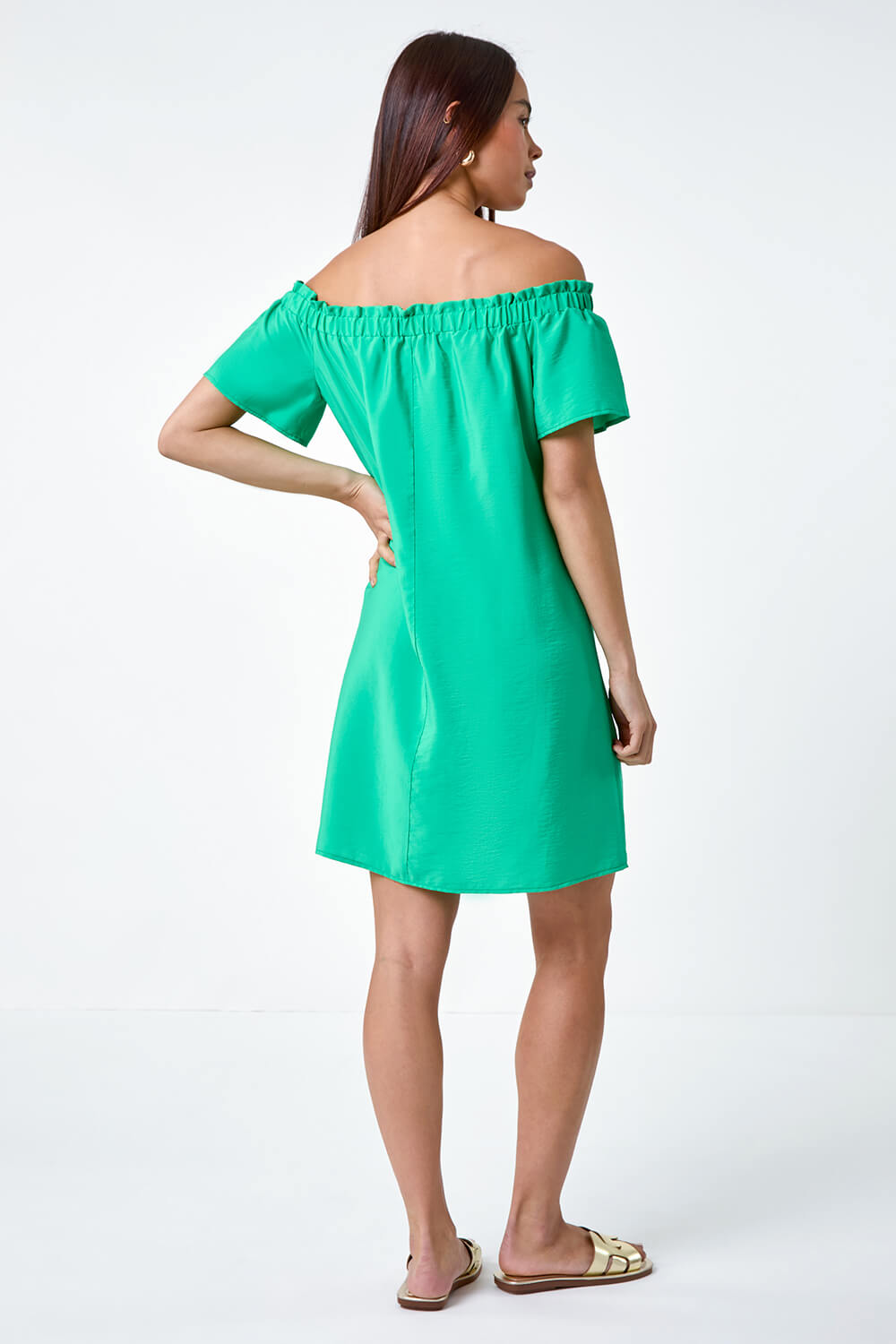 Green Petite Plain Stretch Neck Bardot Dress, Image 3 of 5