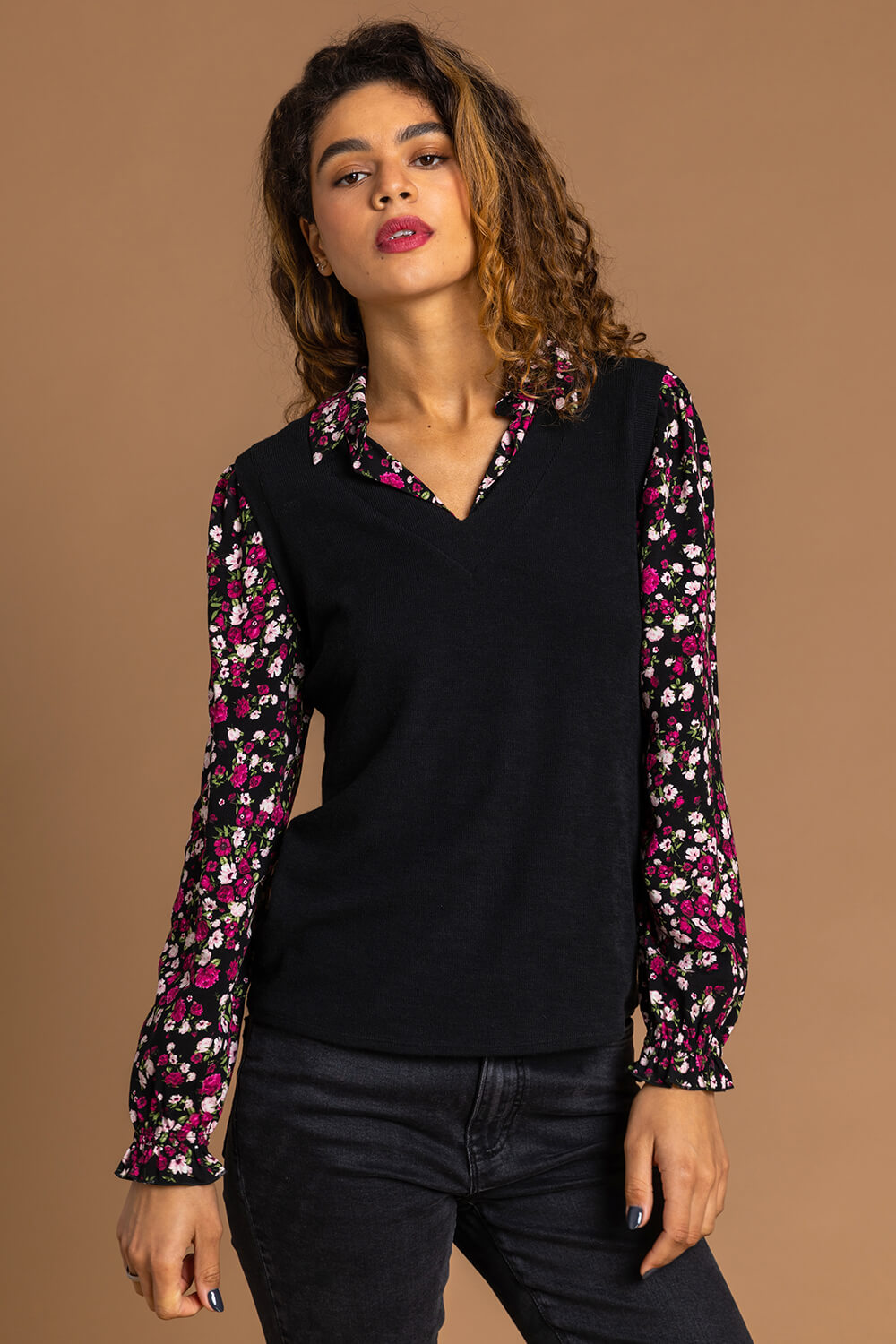 Floral Print Sweater Vest Long Sleeve Top