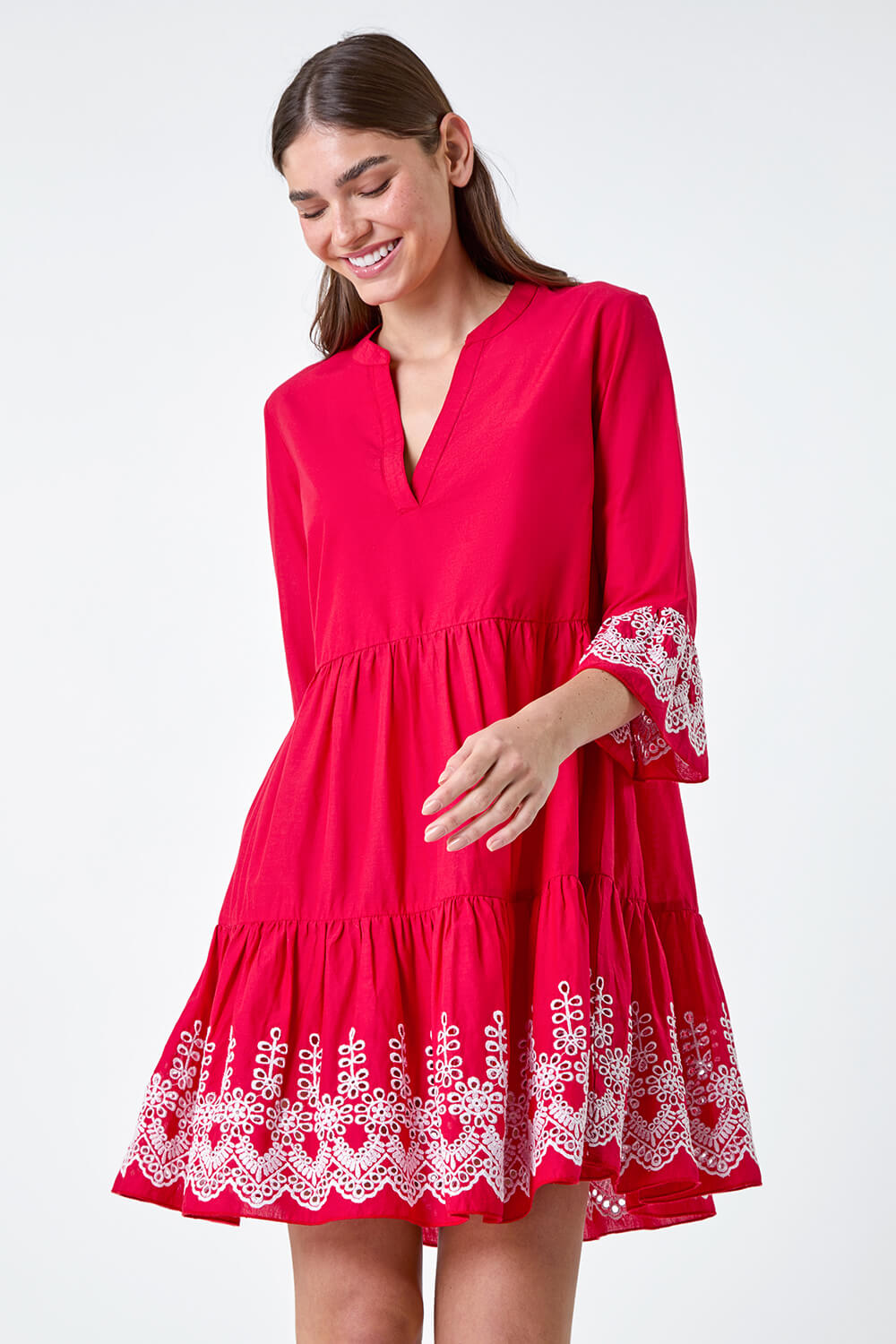 Red Embroidered Cotton Smock Dress, Image 4 of 5