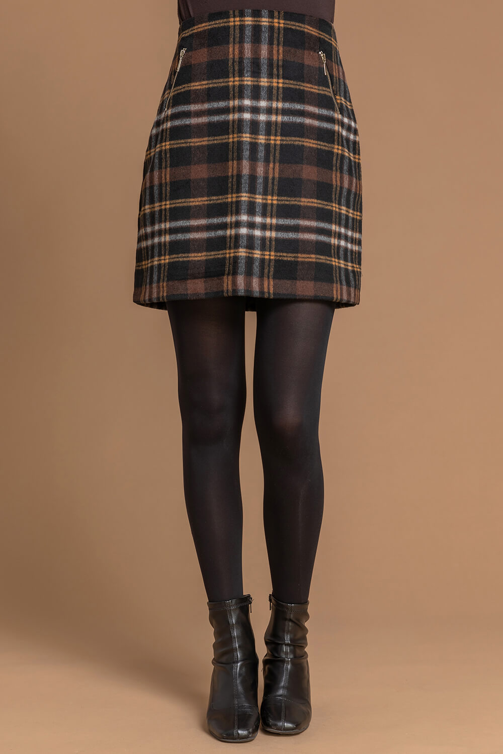 Checked Zip Detail Brushed Skirt 