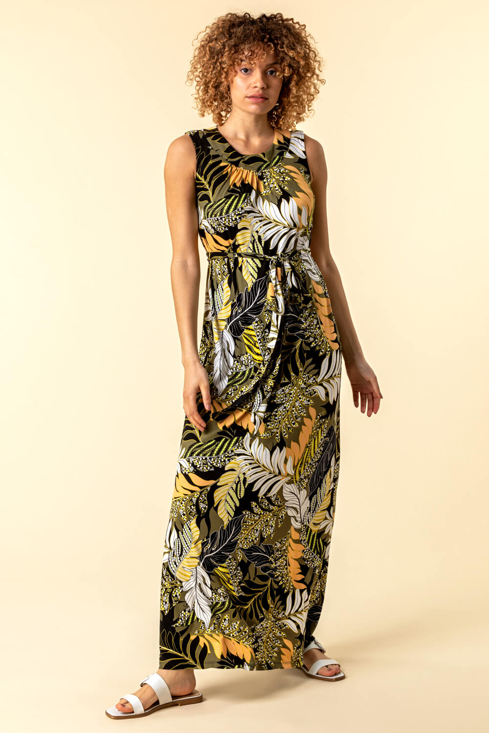 Tropical Print Belted Maxi Dress