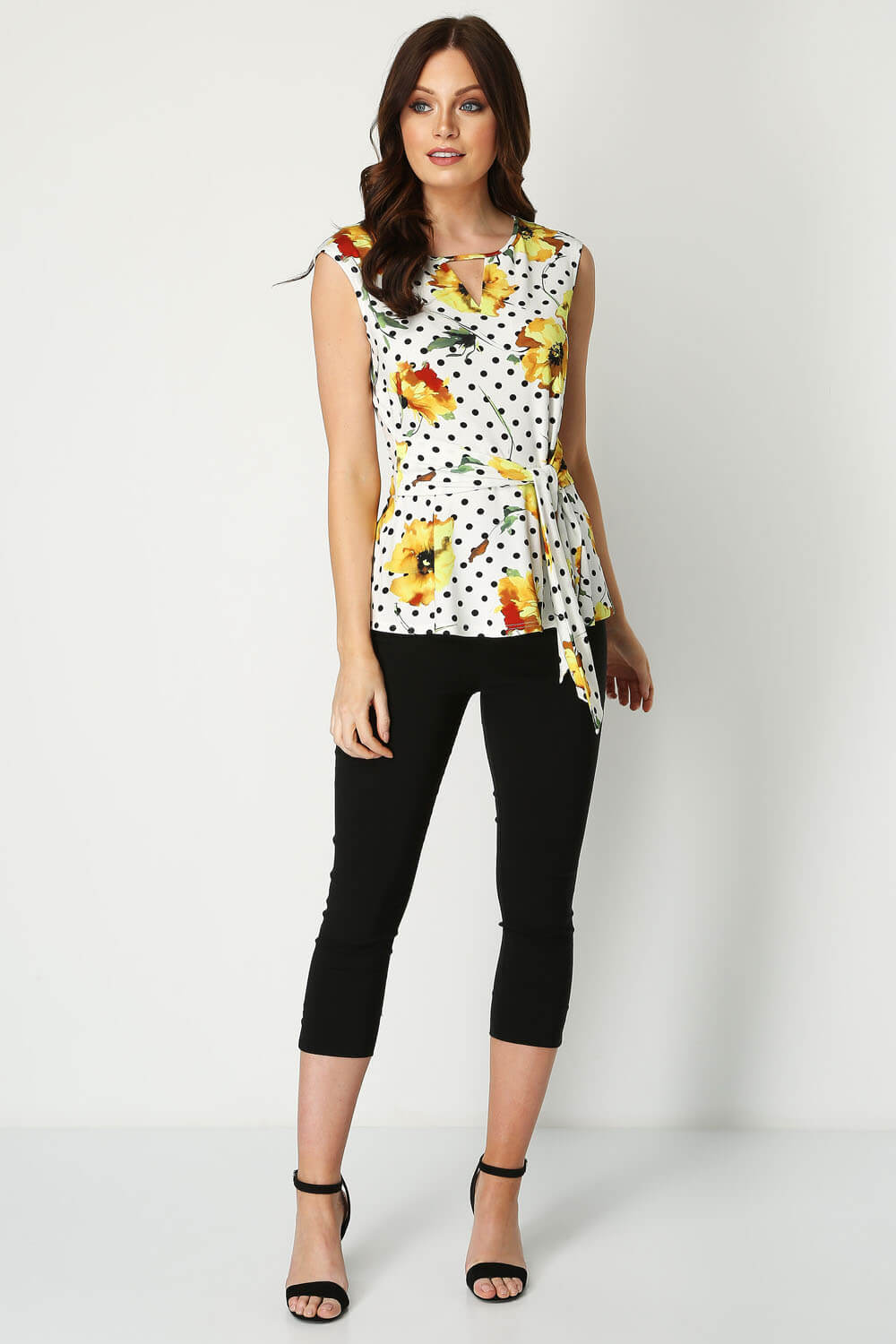Yellow Spot Floral Tie Front Top, Image 2 of 5