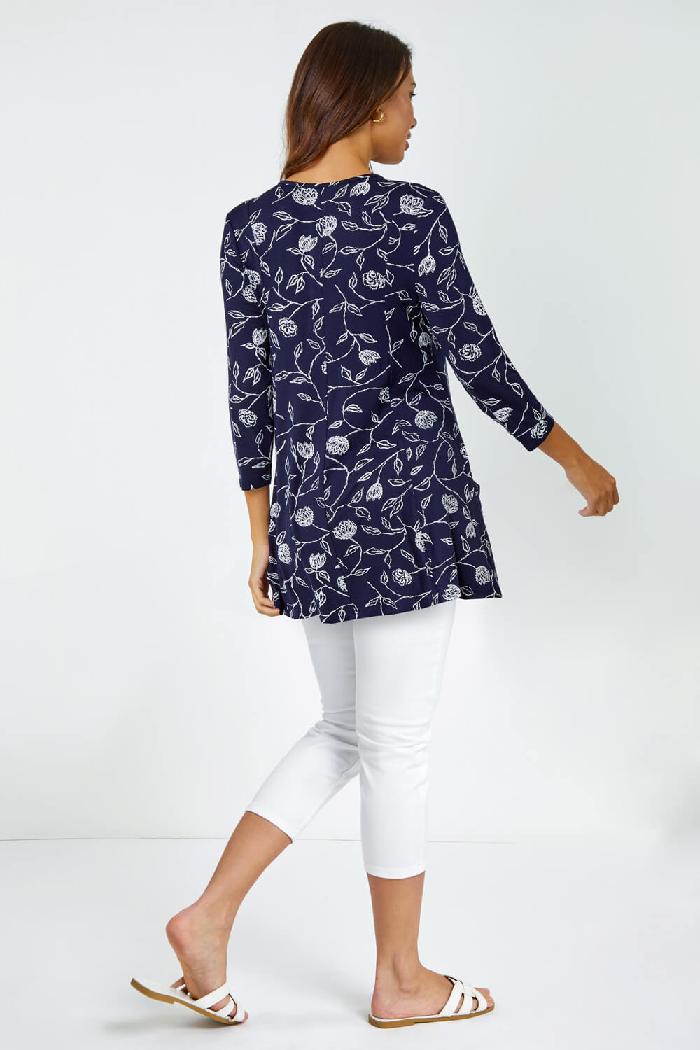 Navy  Floral Print Pocket Swing Stretch Top , Image 3 of 5