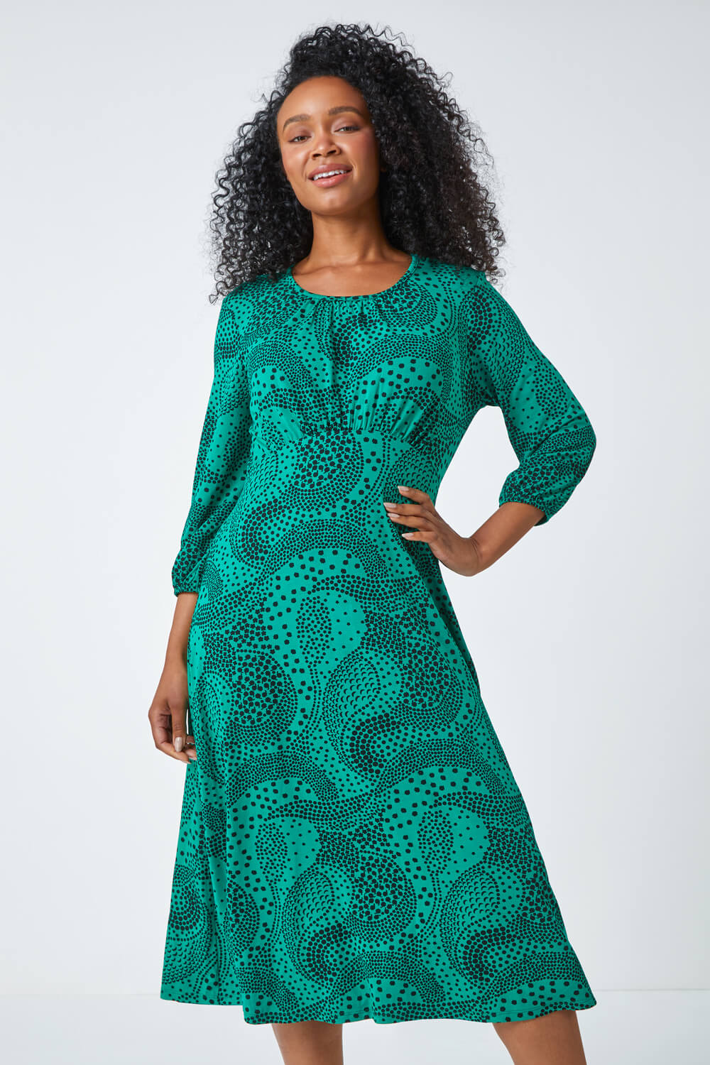 Green Petite Abstract Spot Stretch Midi Dress | Roman UK