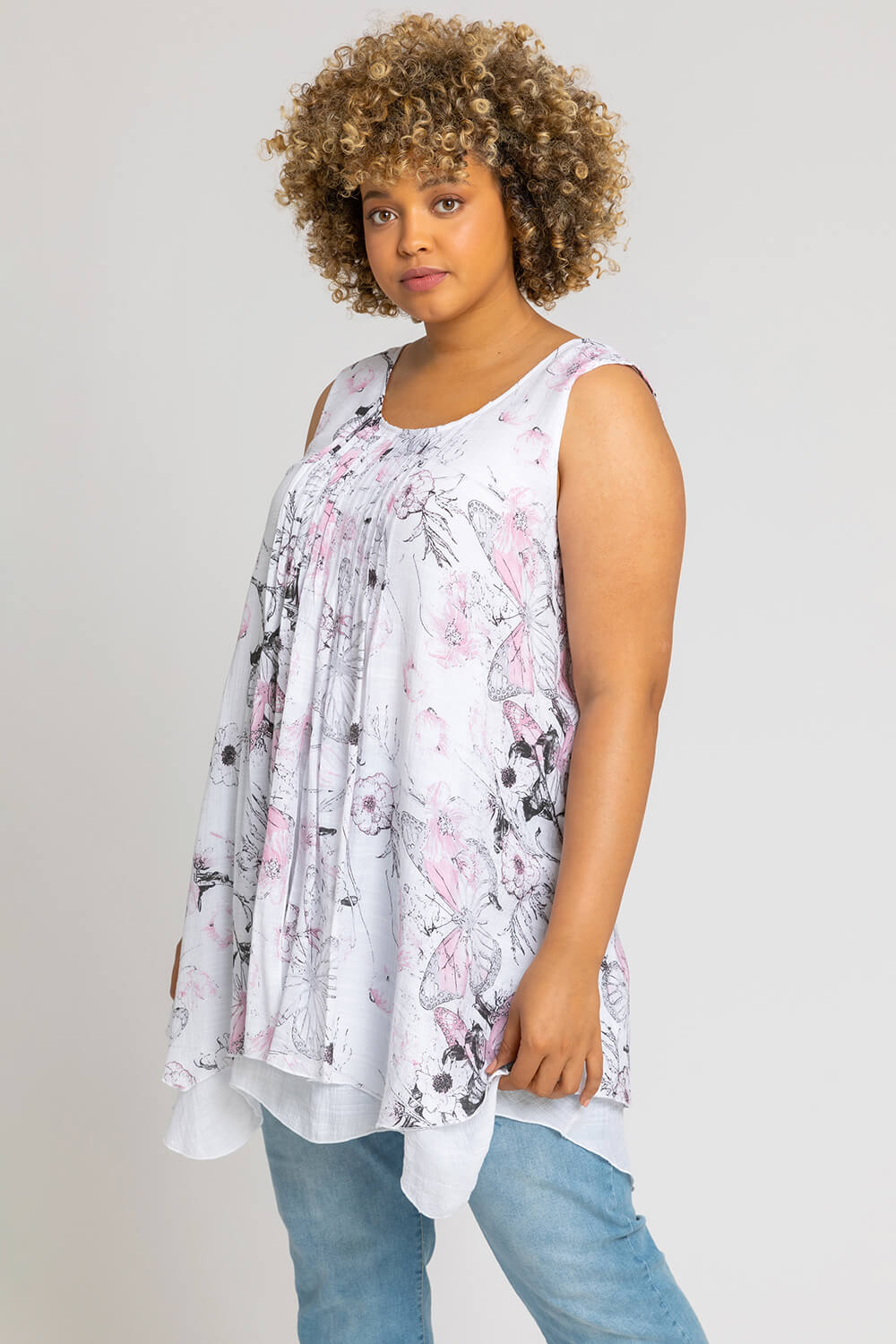 Curve Floral Print Layered Tunic Top