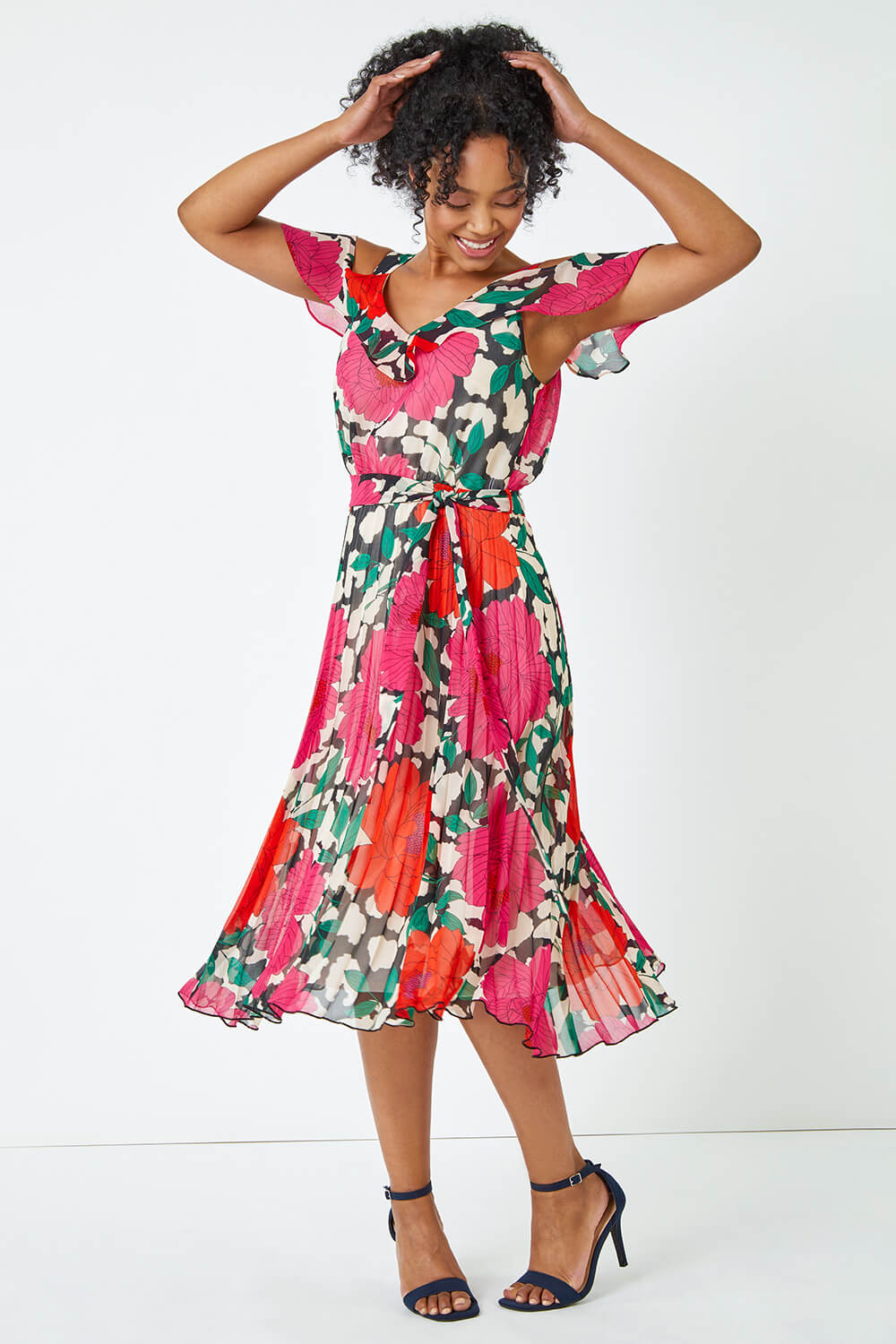 PINK Petite Cold Shoulder Floral Midi Dress, Image 2 of 5