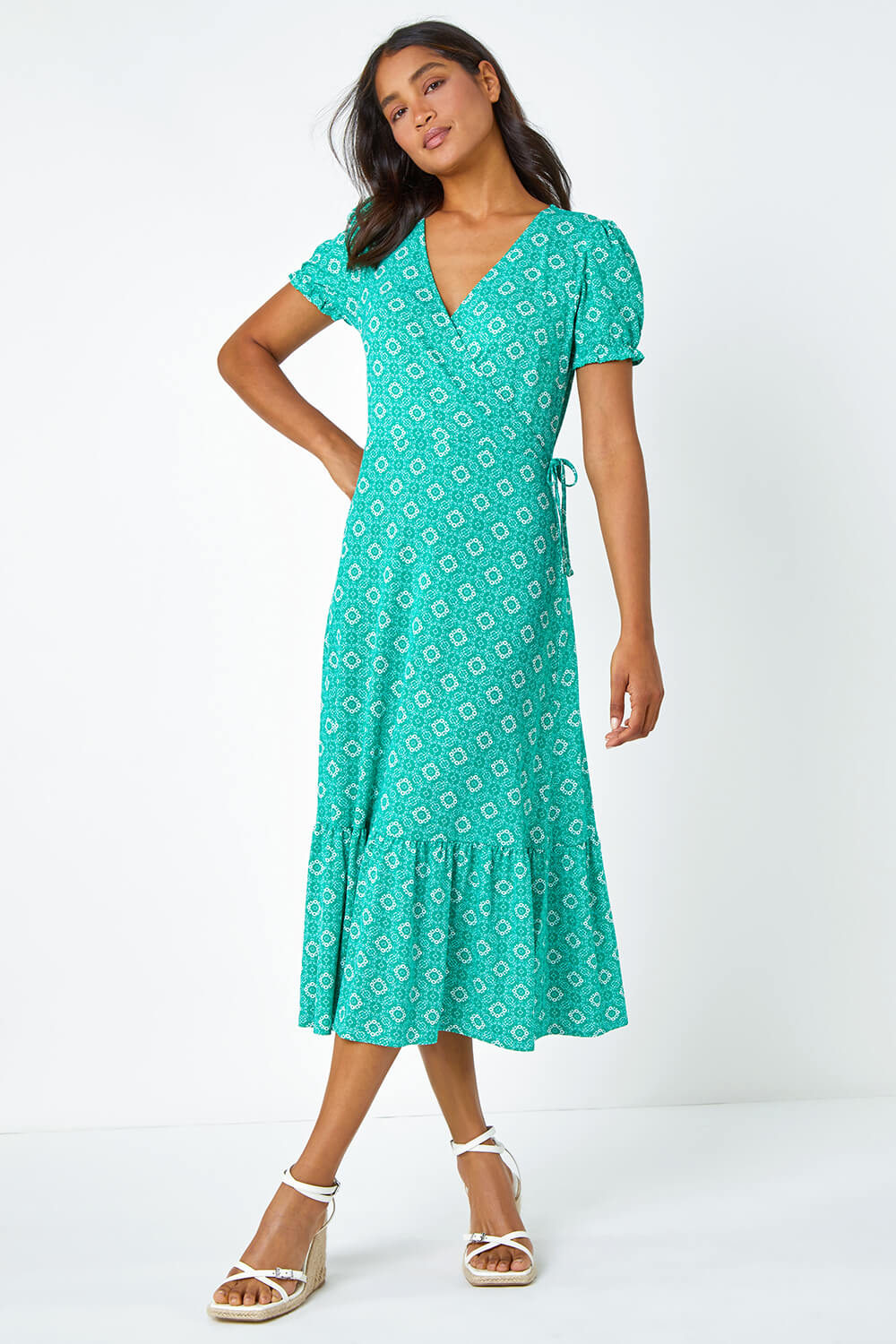 Green Geo Print Stretch Wrap Midi Dress, Image 2 of 5